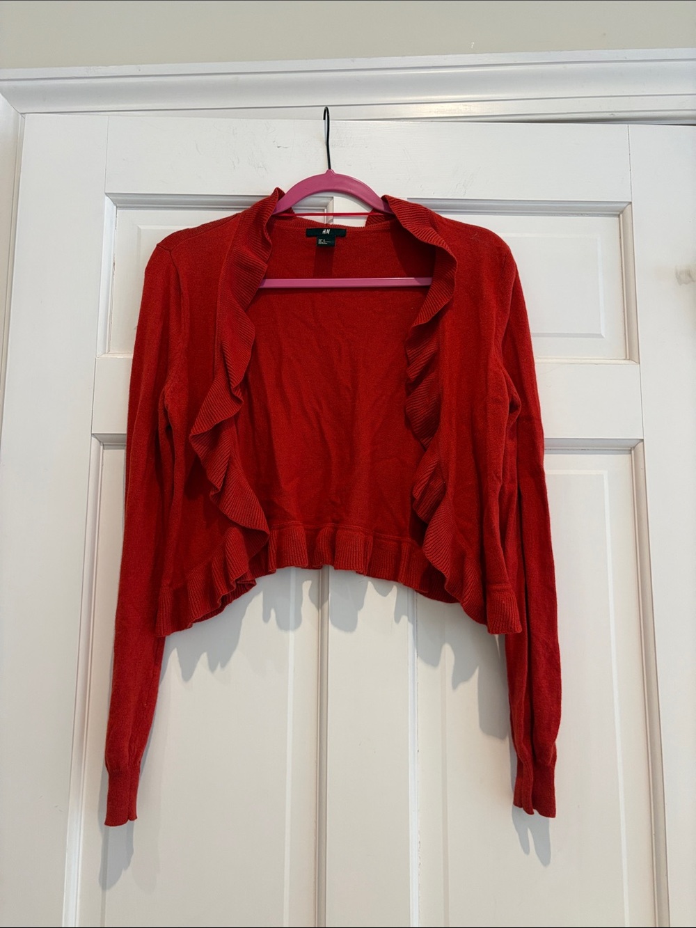 H&M Red Ruffle-Front Cropped Cardigan wool and angora blend